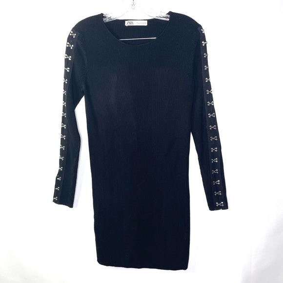 Zara Black Silver Hook and Eye Rib Knit Bodycon Dress Sz L - Picture 2 of 9